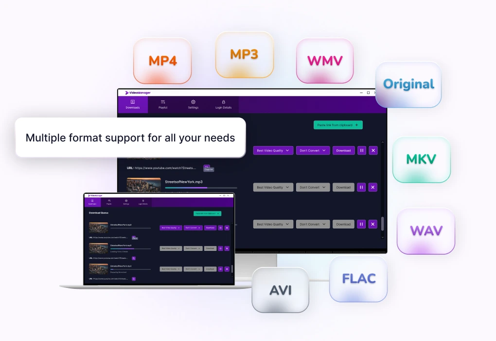 Preview of the VideoManager interface on a laptop for downloading online videos