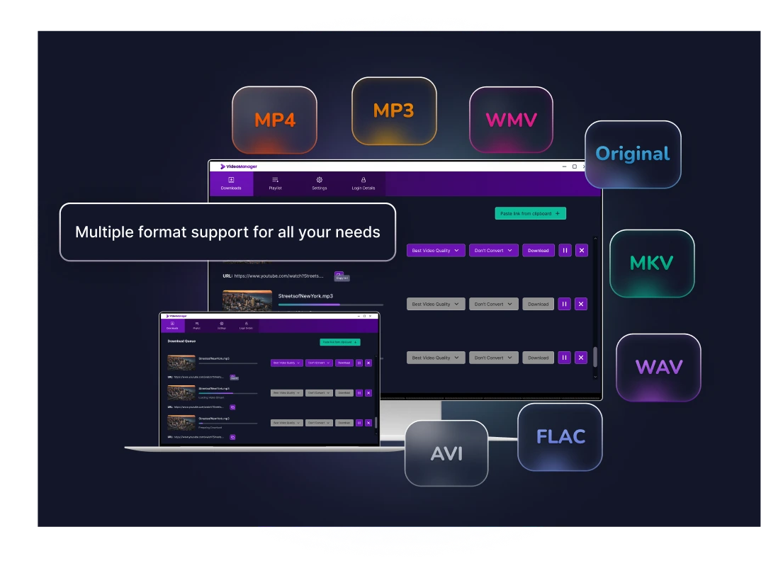 Preview of the VideoManager interface on a laptop for downloading online videos